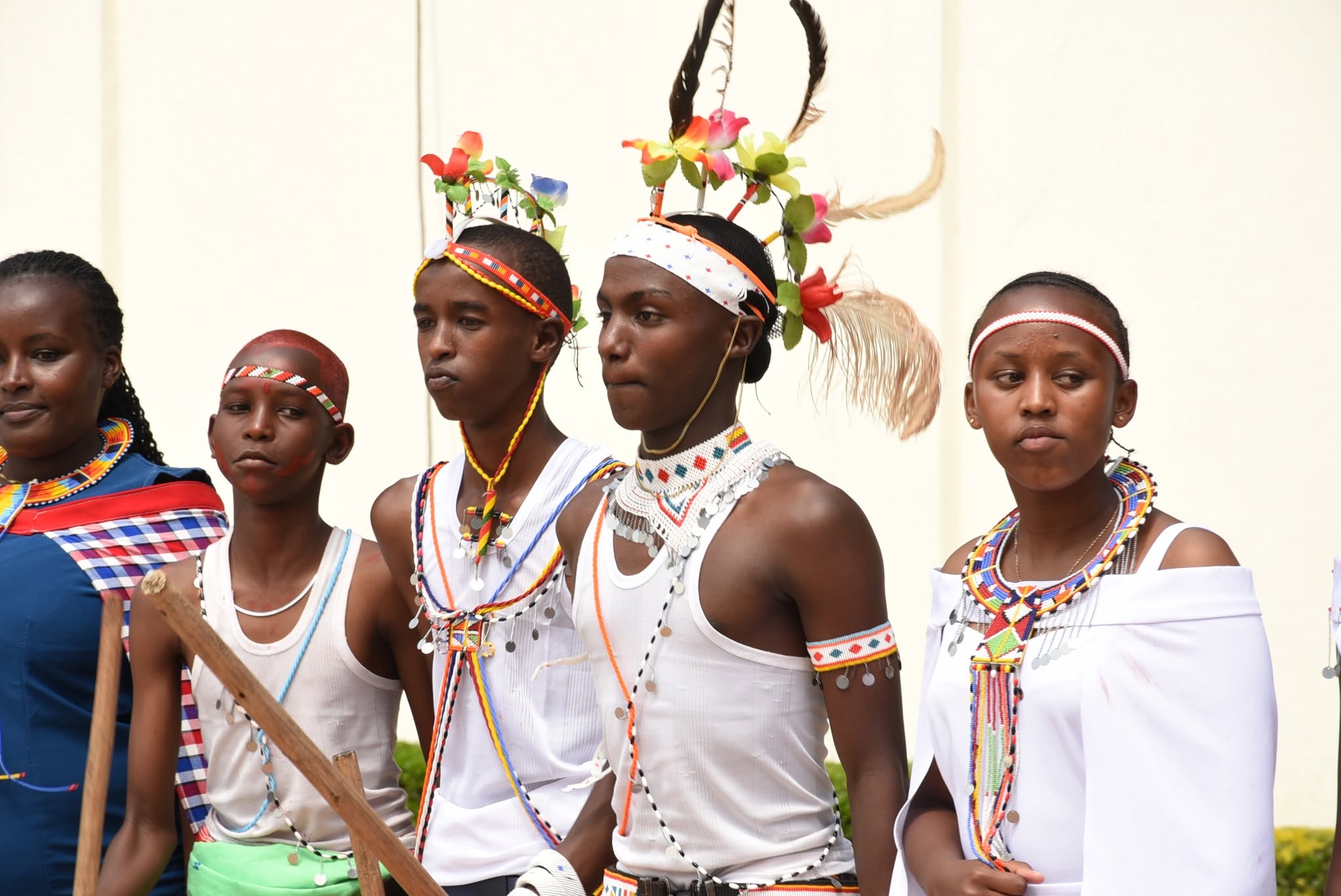 St. Christopher's students in traditional Maasai beadwork and headdresses for a cultural performance